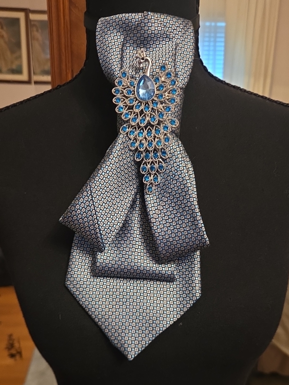 Blue Crystal Peacock Tie Pin on Blue Patterned Ascot